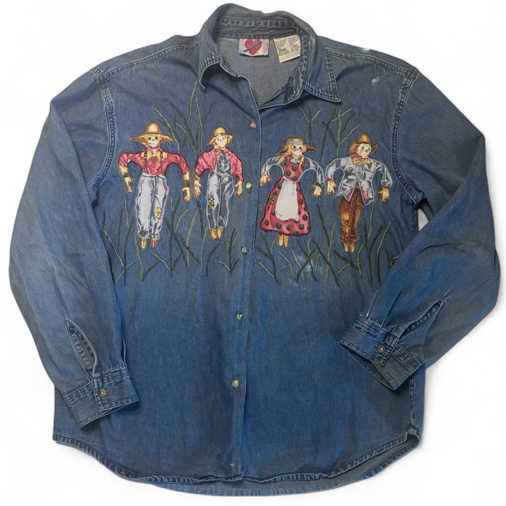Vintage Keren Hart Denim Shirt Scarecrow Embroidered Western Top L